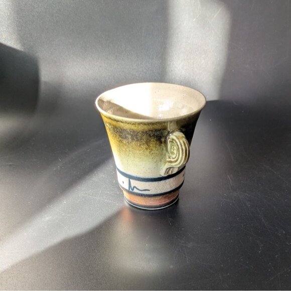 Studio Artisan Pottery Green Brown Glaze Cup 2 Handles Line Accent - Picture 4 of 12